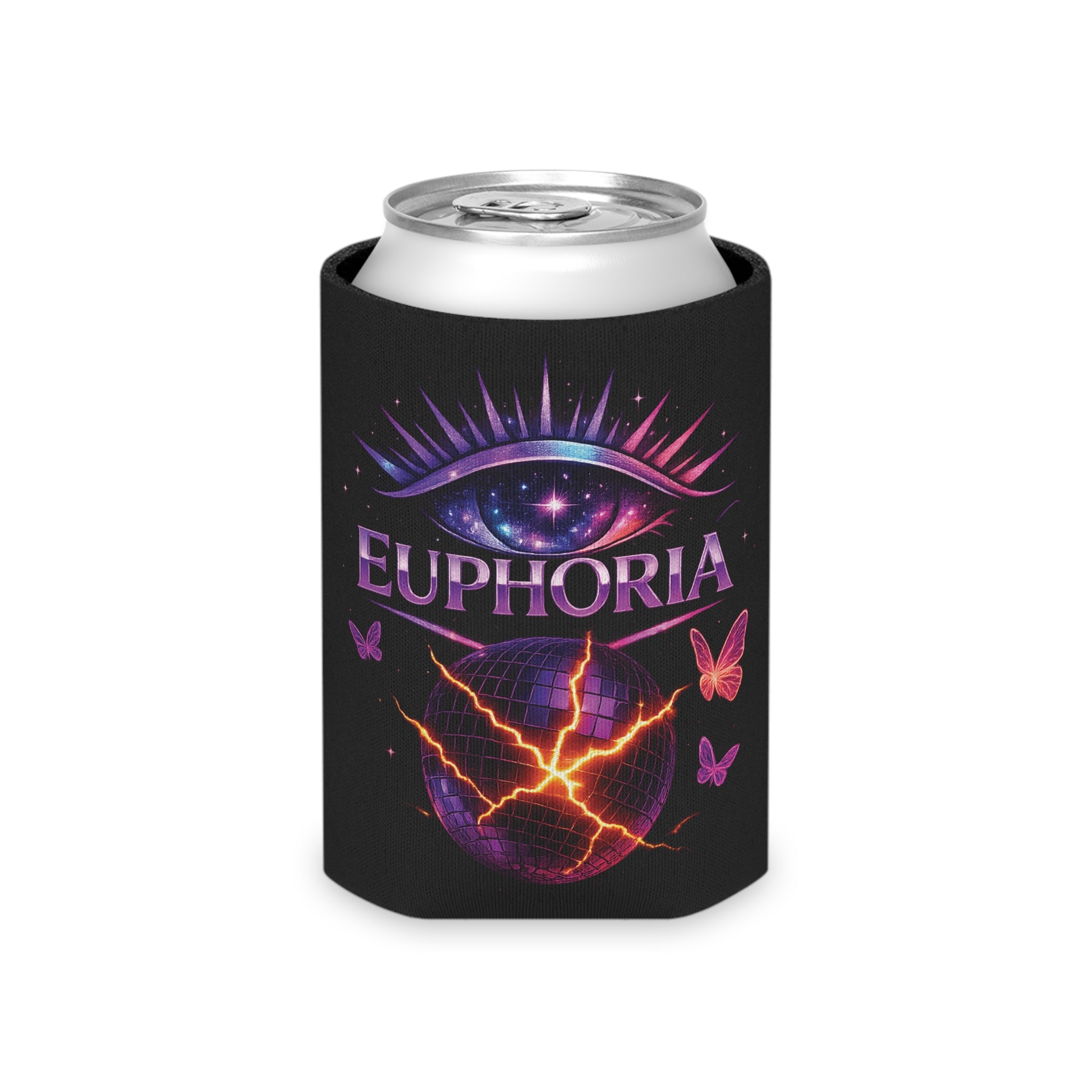 Euphoria Can Cooler — Neon Eye & Butterfly Drink Koozie
