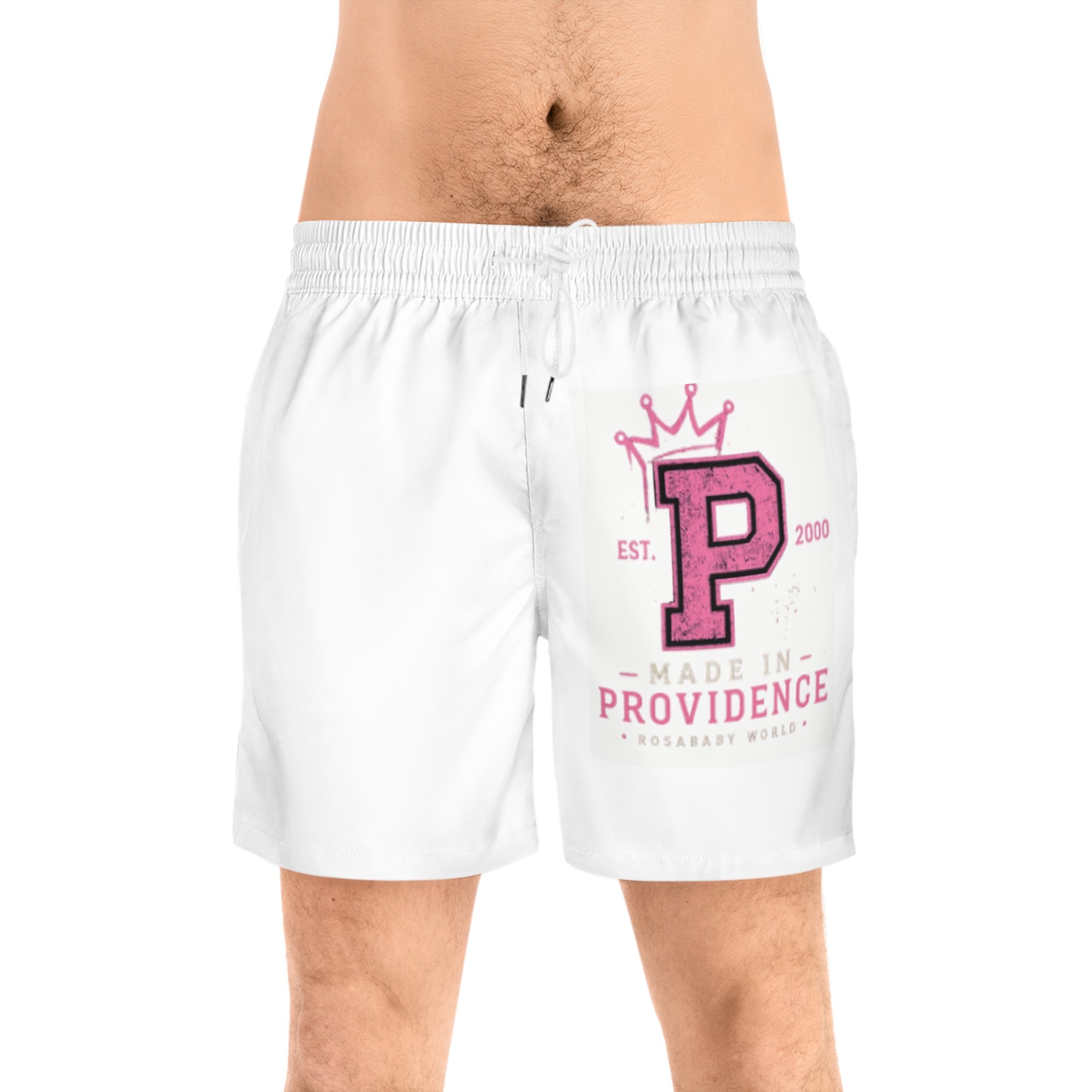 Providence P Logo Men's Swim Shorts — Pink Crown Varsity Beach Trunks