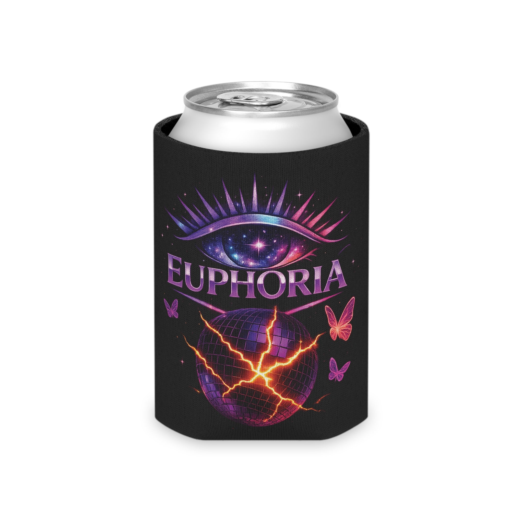 Euphoria Can Cooler — Neon Eye & Butterfly Drink Koozie