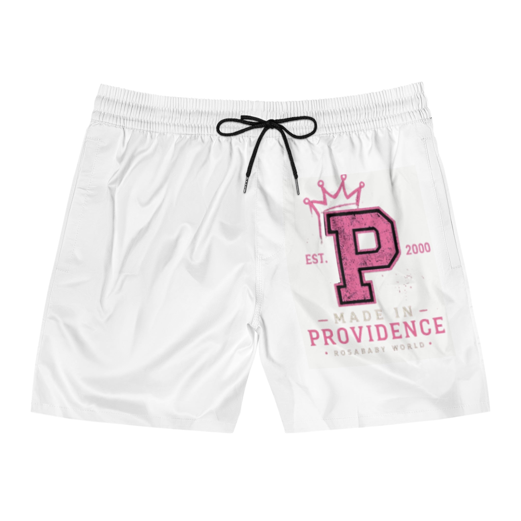 Providence P Logo Men's Swim Shorts — Pink Crown Varsity Beach Trunks