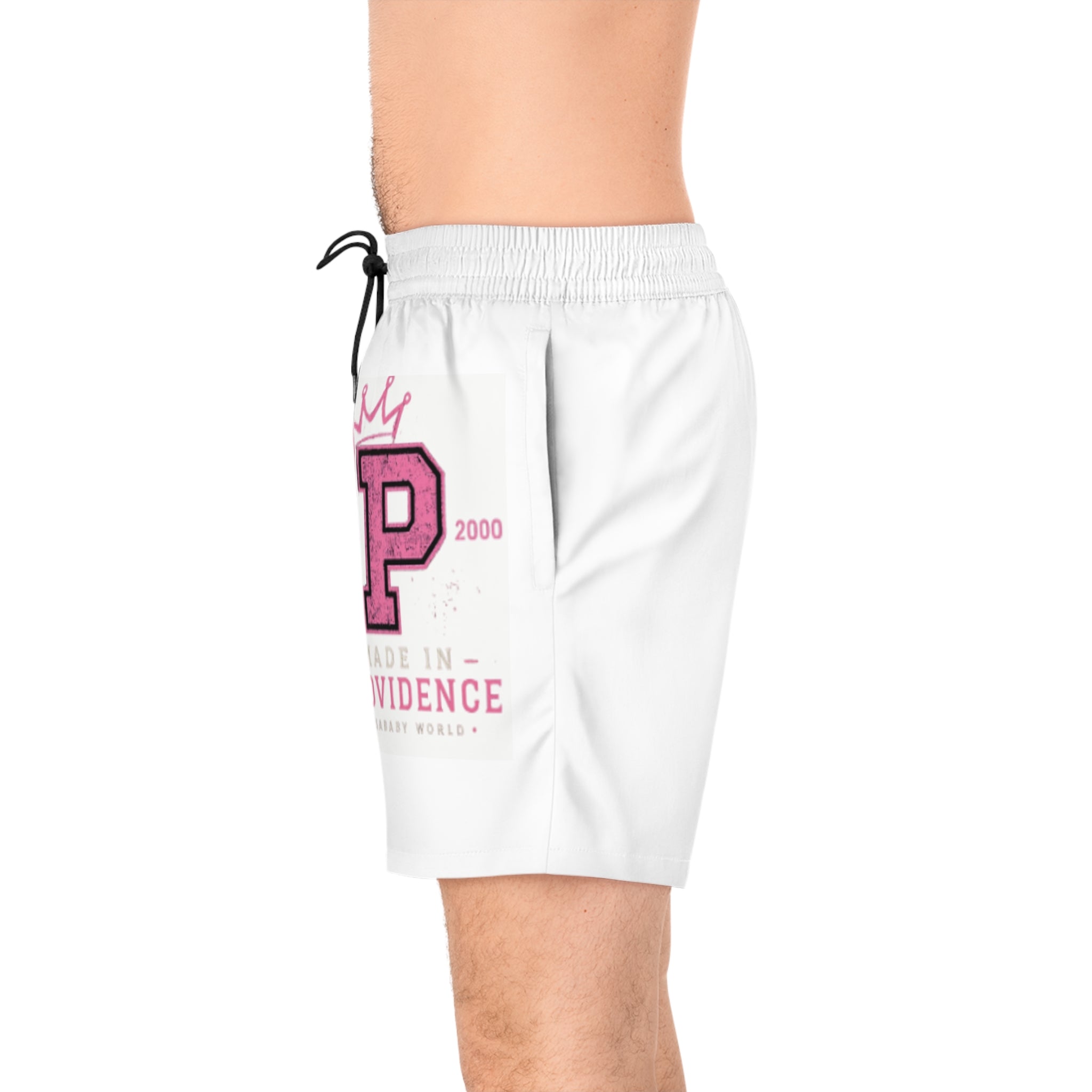 Providence P Logo Men's Swim Shorts — Pink Crown Varsity Beach Trunks