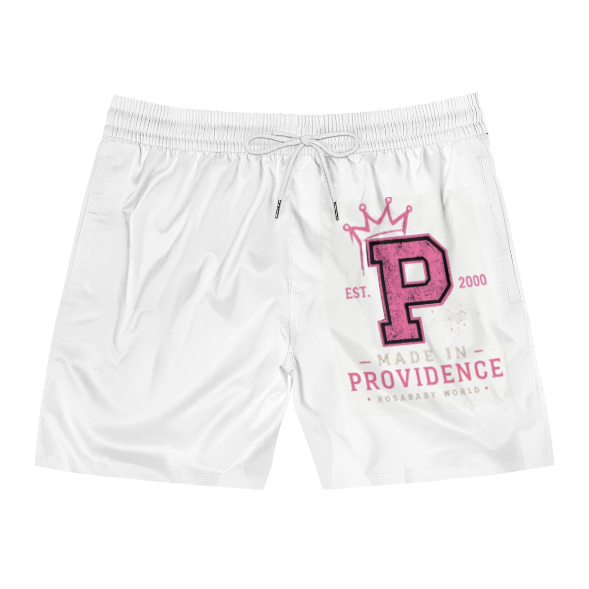Providence P Logo Men's Swim Shorts — Pink Crown Varsity Beach Trunks