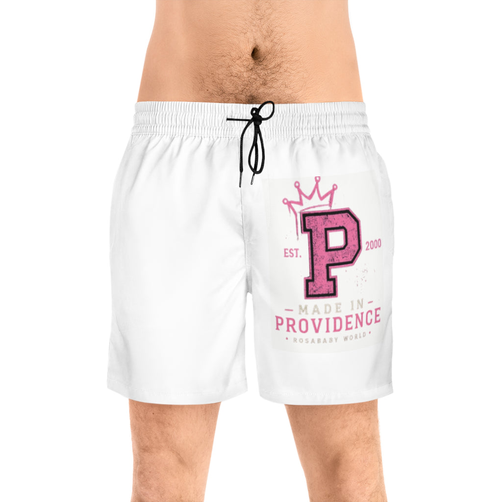 Providence P Logo Men's Swim Shorts — Pink Crown Varsity Beach Trunks