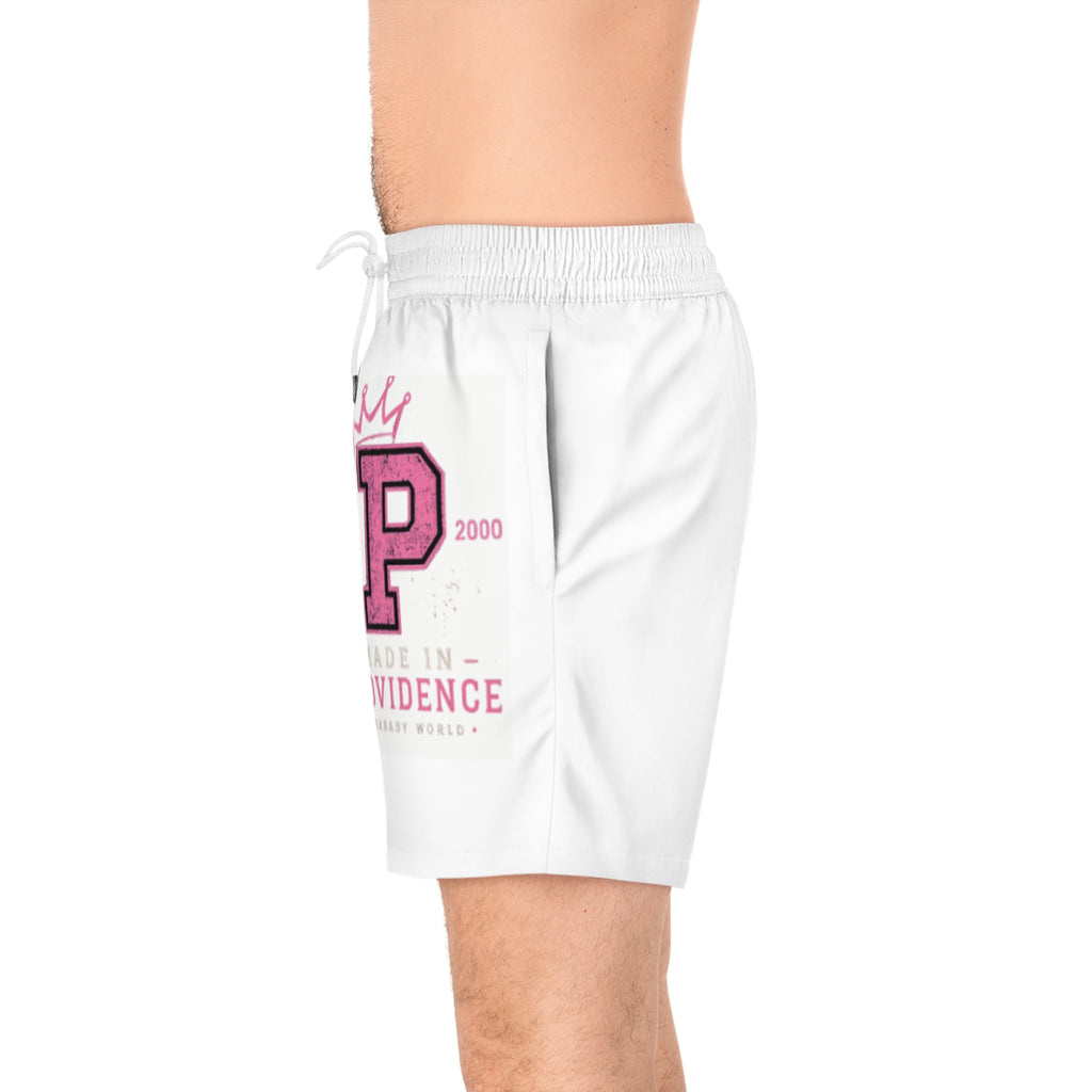 Providence P Logo Men's Swim Shorts — Pink Crown Varsity Beach Trunks