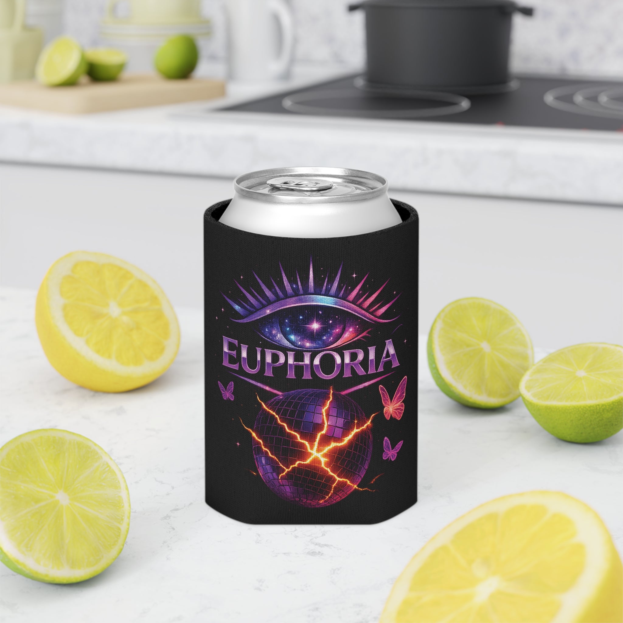 Euphoria Can Cooler — Neon Eye & Butterfly Drink Koozie